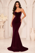 Burgundy Velvet Strapless Mermaid Evening Dress with Sweep Train for Prom Evening and Formal Reception Events front view