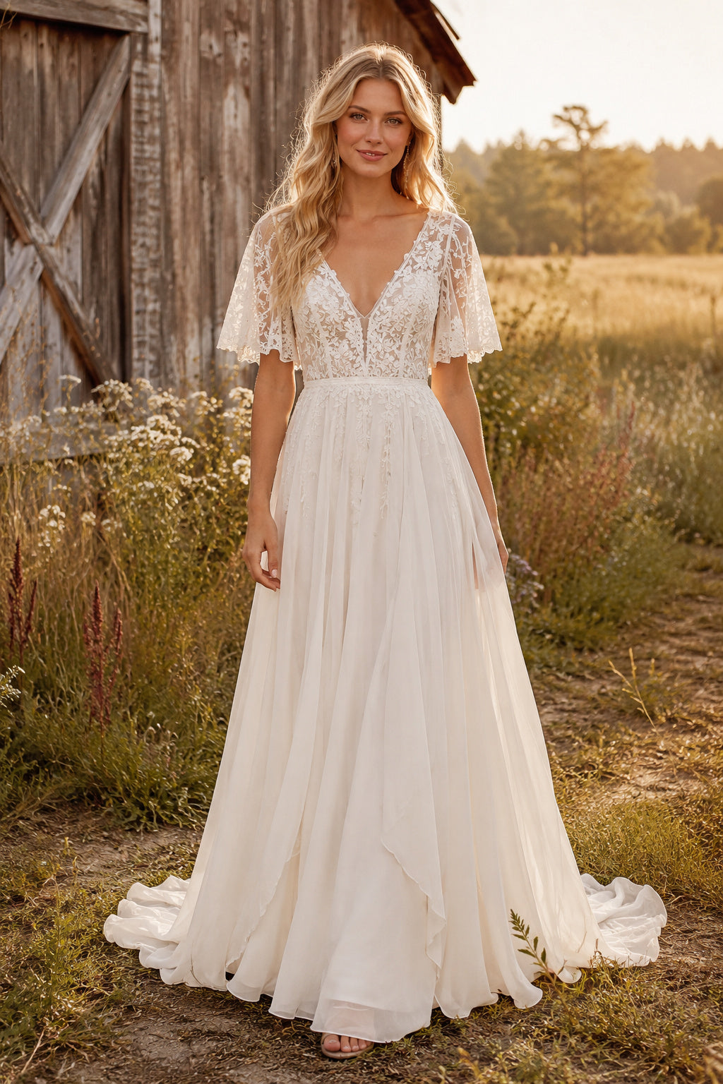 Flutter Sleeve V-Neck A-Line Wedding Dress with Lace Bodice and Chiffon Train for Beach Garden Ceremony front view