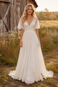 Flutter Sleeve V-Neck A-Line Wedding Dress with Lace Bodice and Chiffon Train for Beach Garden Ceremony front view