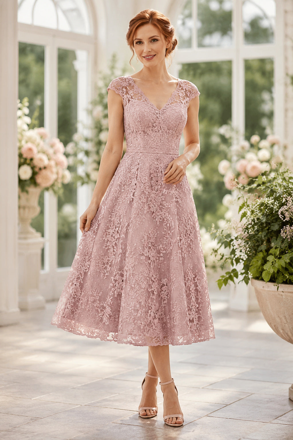 Dusty Rose Formal Cocktail Midi Sheath Dress front view