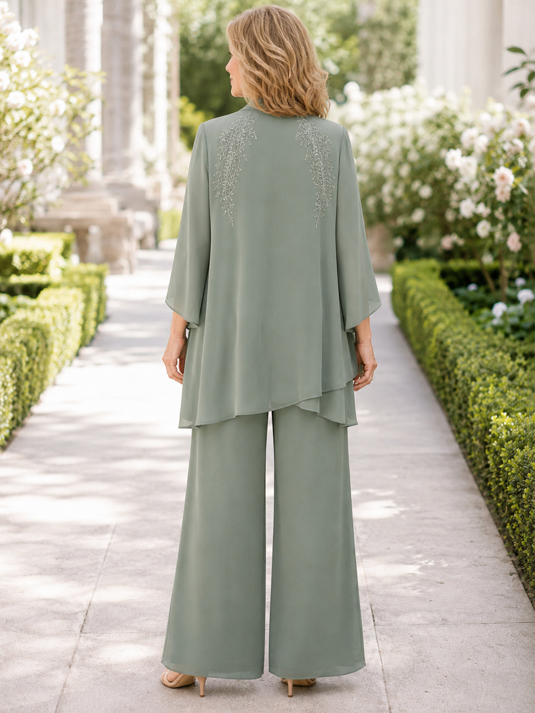 Sage Mother Pantsuit with Square Neck Top, Draped Chiffon Jacket and Wide Leg Pants back view