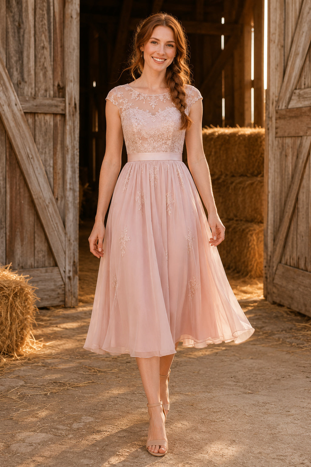Blush Blush Lace Bodice with Cap Sleeves and Tulle Skirt Tea Length A-Line Homecoming Dress front view