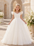 Ivory Tulle Ball Gown Flower Girl Dress with Short Sleeve, V-Neck, Floor-Length Skirt front view