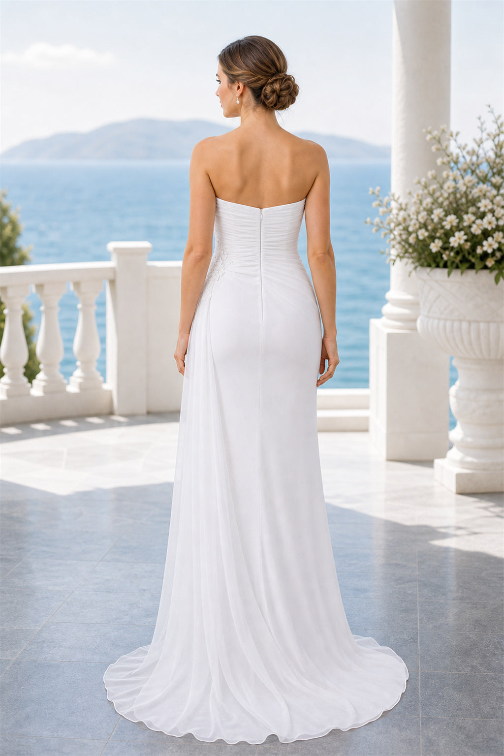 White Strapless Sweetheart Sheath Chiffon Floor-Length Dress With Embellished Bodice
