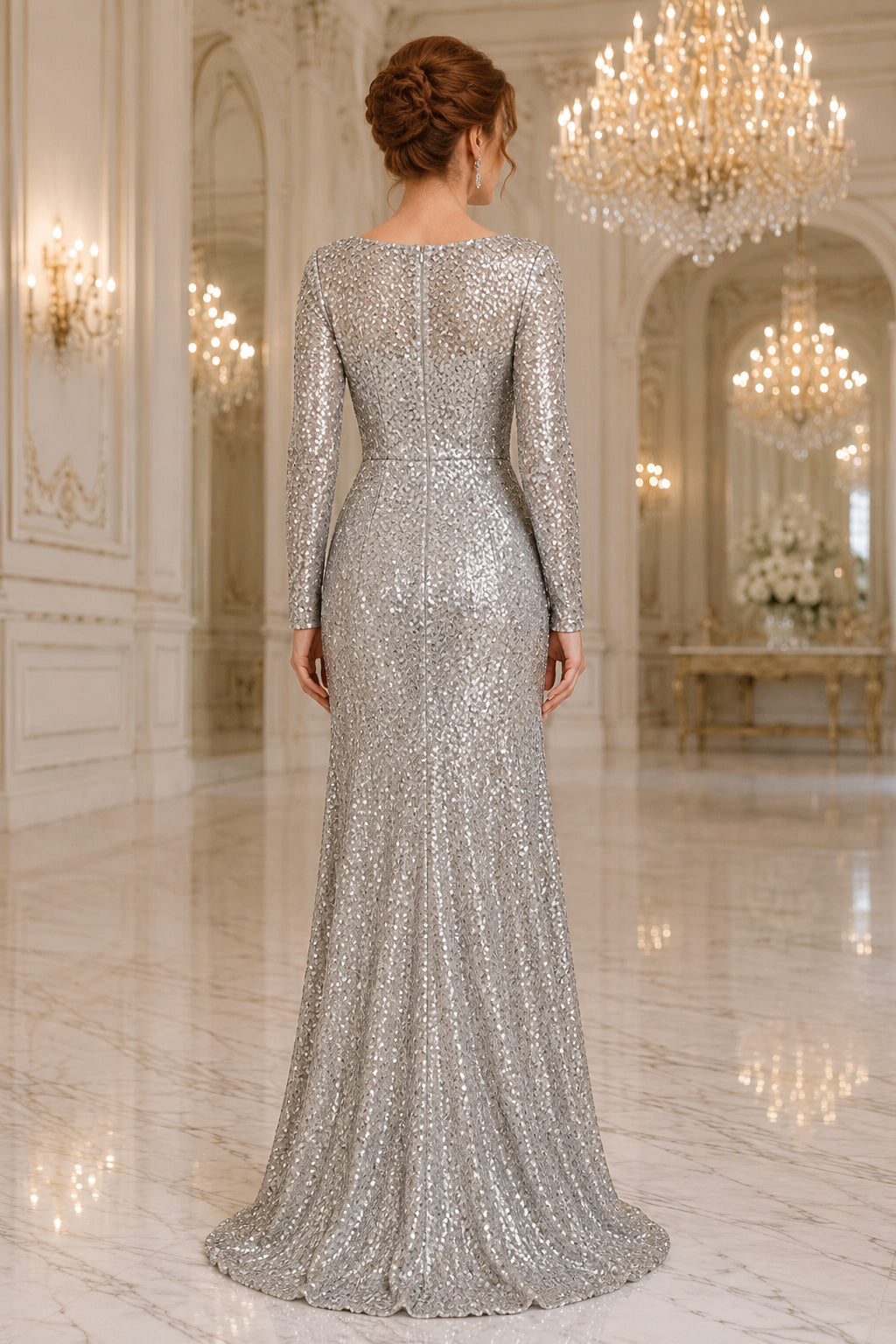 Silver Long Sleeve Sequin Sheath Formal Dress with Bateau Neck back view