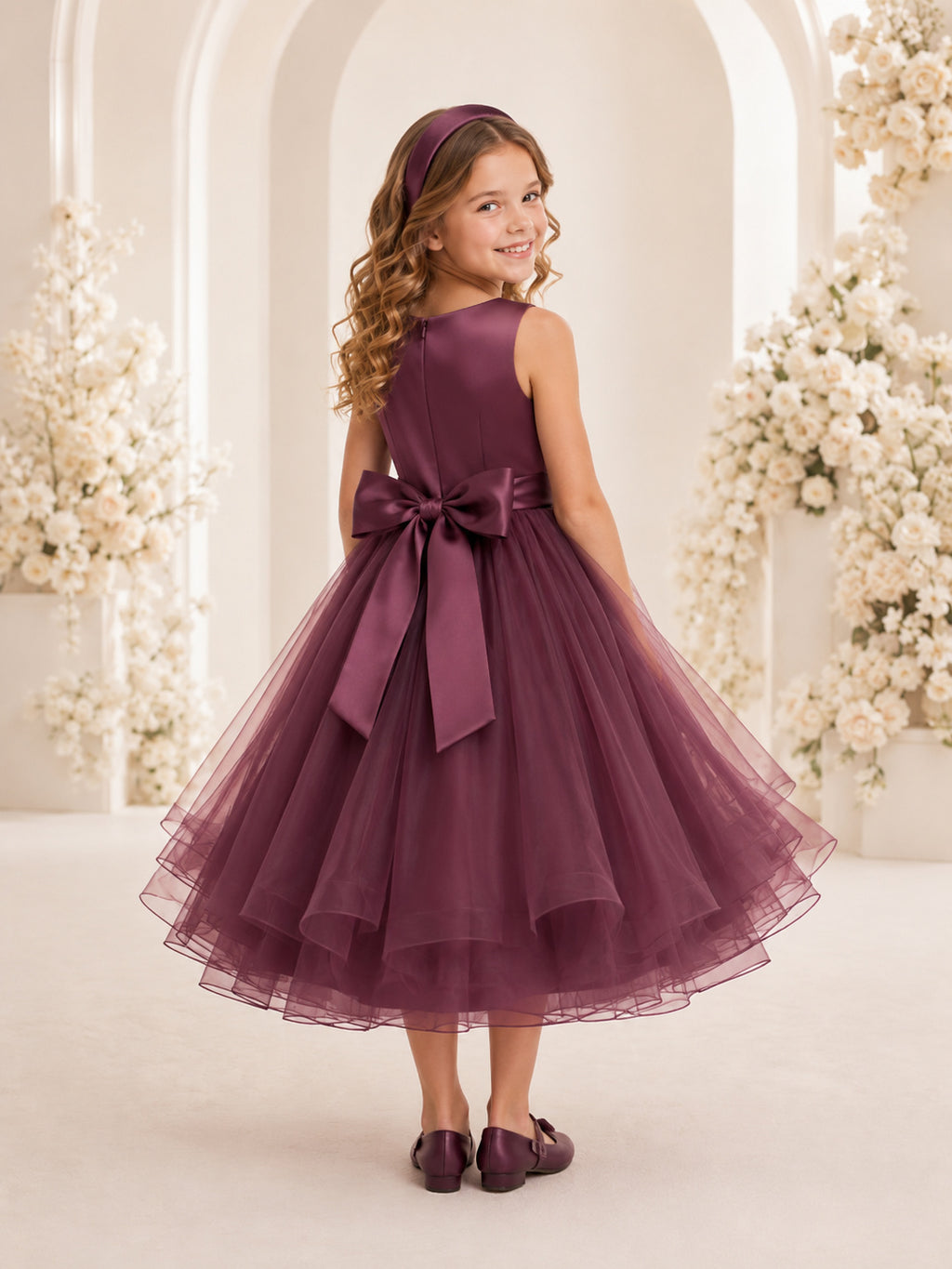 Mulberry Flower Girl A-Line Satin Tulle Jewel Neck Sleeveless Tiered Bow Party Dress back view