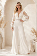 Ivory Long Puff Sleeve Lace Bridal Jumpsuit with V-Neck and Belt front view