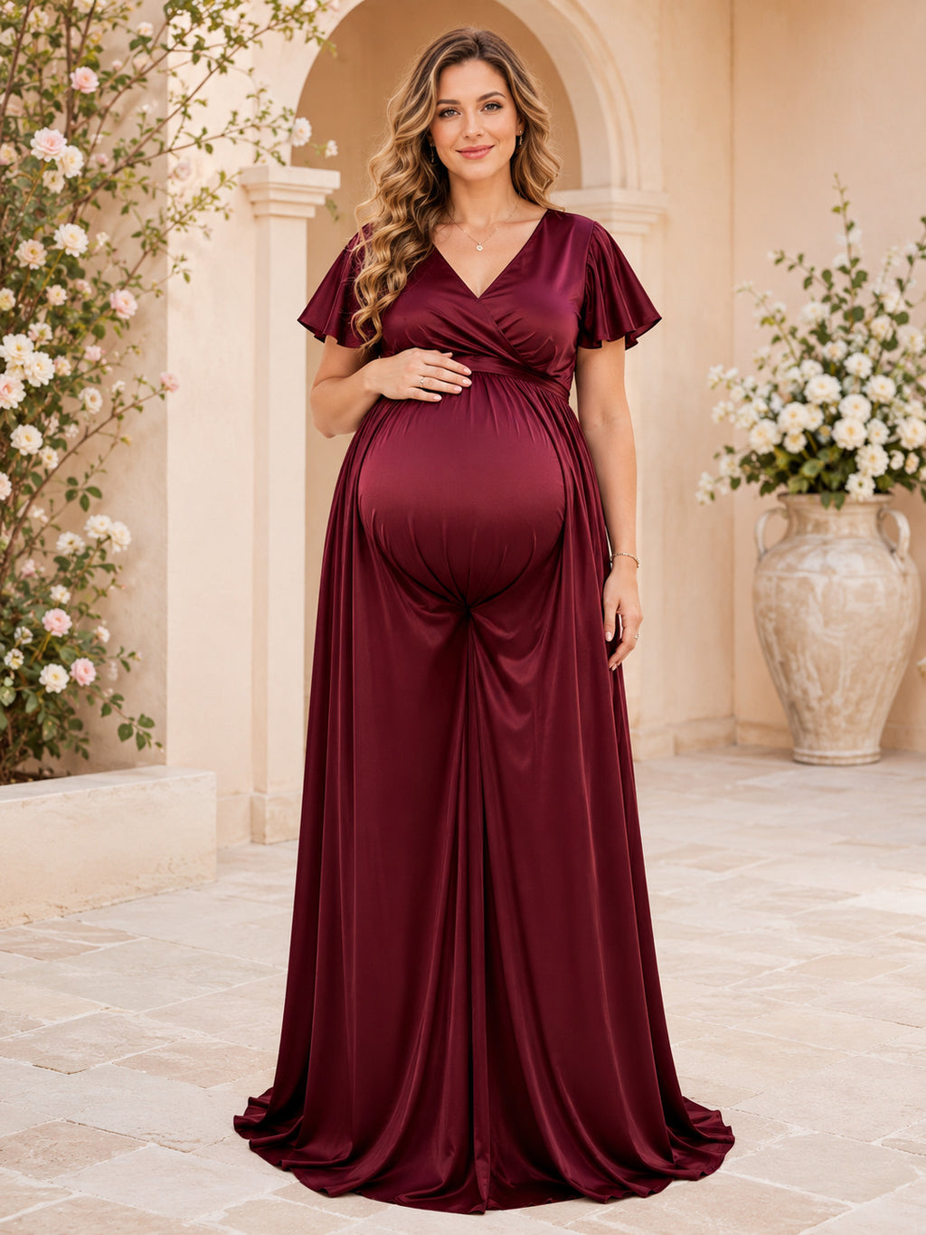 Burgundy Twin Maternity Wrap V-Neck Flutter Sleeve Satin Empire Formal Gown front view
