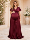 Burgundy Twin Maternity Wrap V-Neck Flutter Sleeve Satin Empire Formal Gown front view