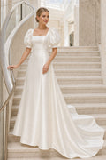 White Square Puff Sleeves A-Line Satin Floor-length Wedding Dress With Puff Sleeves and Train