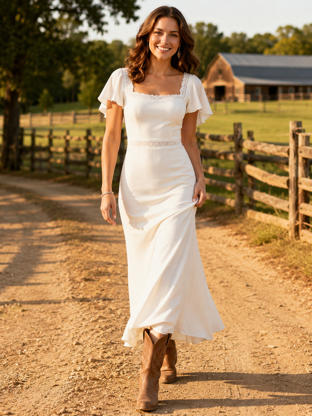 Simple Satin Sheath Square Neck Short Sleeve Tea-Length Wedding Dress front view