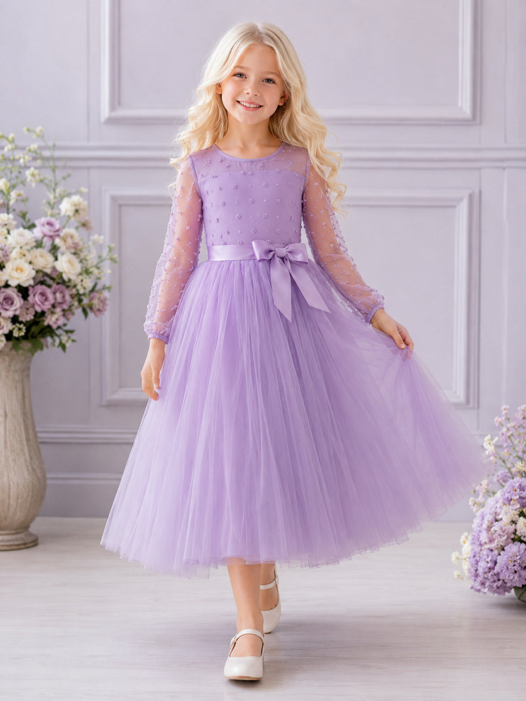 Lavender Flower Girl A-Line Tulle Jewel Neck Long Sleeve Bow Tea-Length Party Dress front view