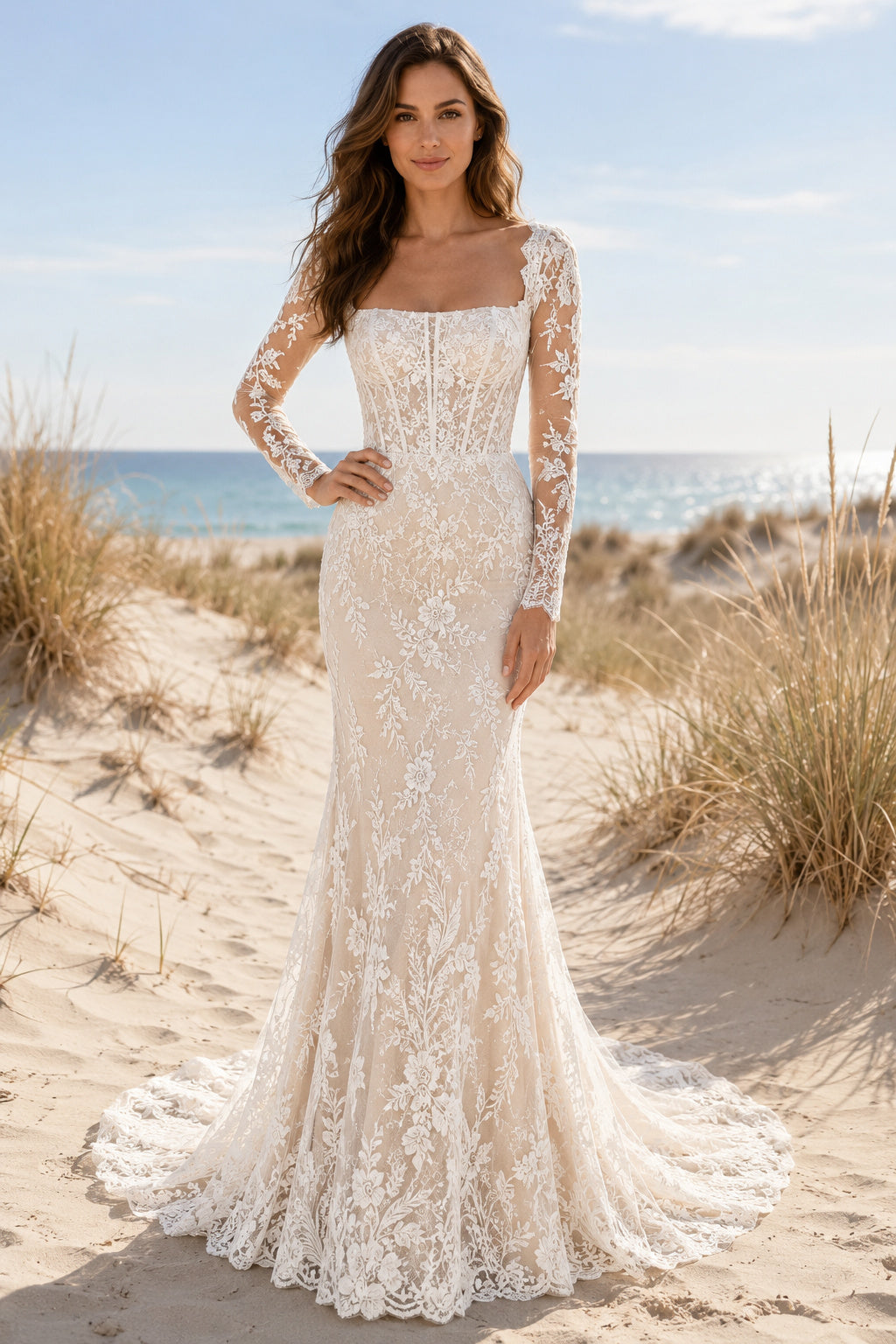 Ivory Square Neck Long Sleeve Mermaid Lace Wedding Dress with Open Back front view