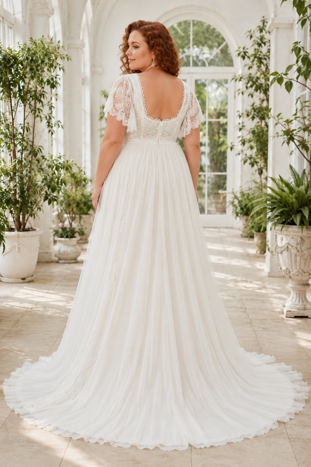 Plus Size Ivory Square Neck Flutter Sleeve Lace Tulle A-Line Wedding Dress with Flutter Lace Sleeves and Soft Chiffon Skirt b