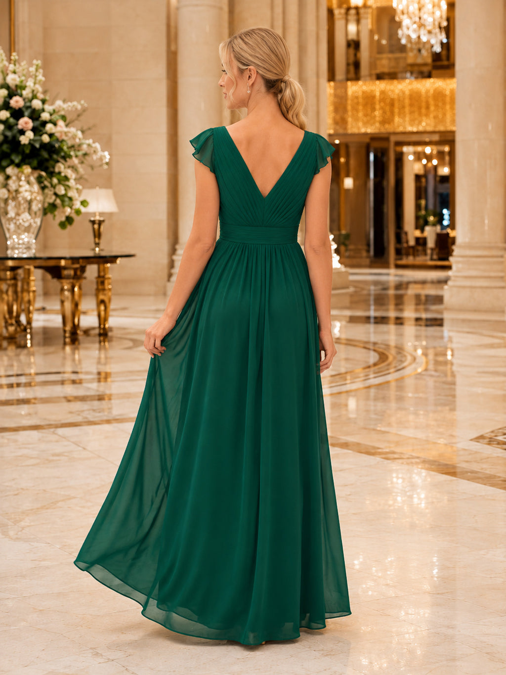 Dark Green Petite V-neck Chiffon A-Line Evening Dress back view