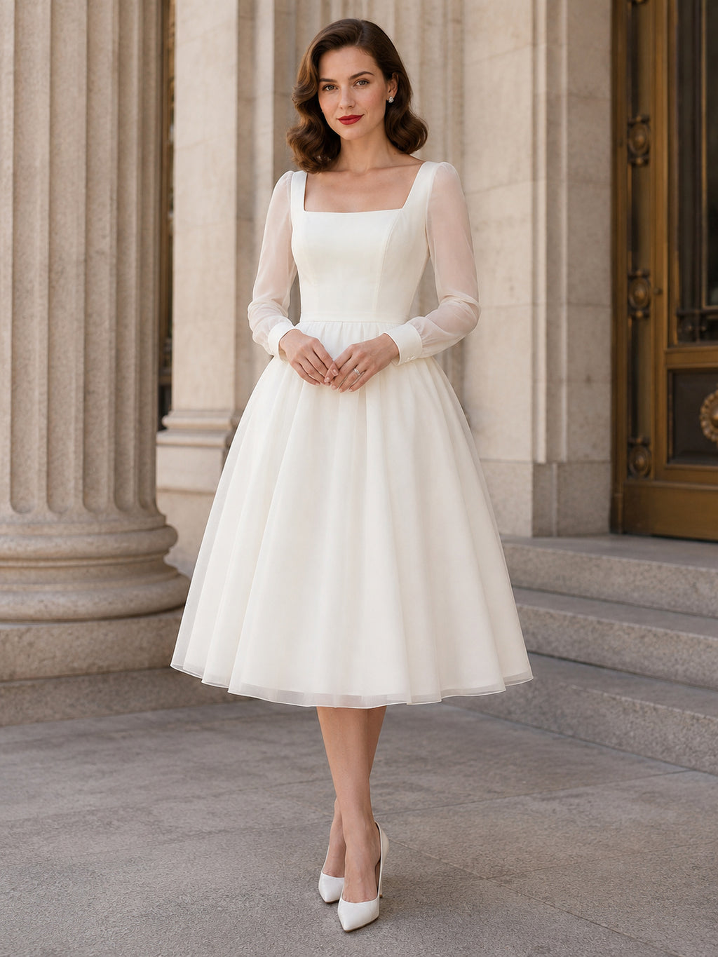1950s Vintage Square Neck Long Illusion Sleeve Organza A-Line Tea-Length Courthouse Wedding Dress front view