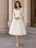 1950s Vintage Square Neck Long Illusion Sleeve Organza A-Line Tea-Length Courthouse Wedding Dress front view