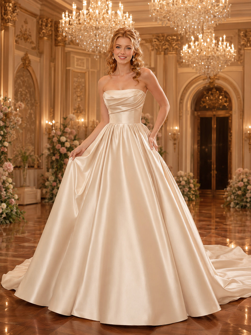 Champagne Strapless Satin Ball Gown Palace Bridal Dress front view