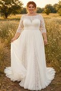 Plus Size Ivory Illusion Jewel Neck Three-Quarter Sleeve Lace Tulle A-Line Wedding Dress with Three-Quarter Lace Sleeves and