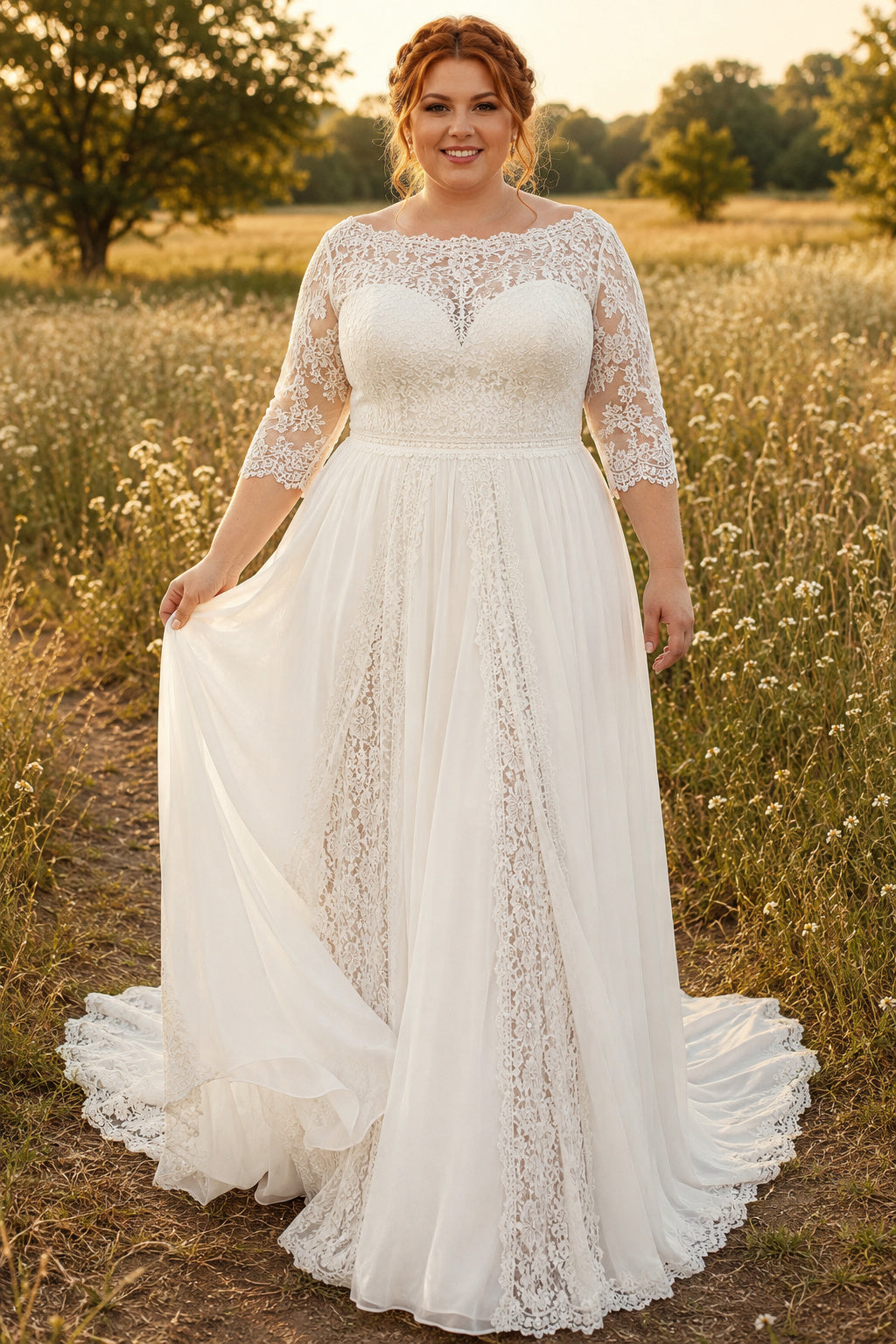 Plus Size Ivory Illusion Jewel Neck Three-Quarter Sleeve Lace Tulle A-Line Wedding Dress with Three-Quarter Lace Sleeves and