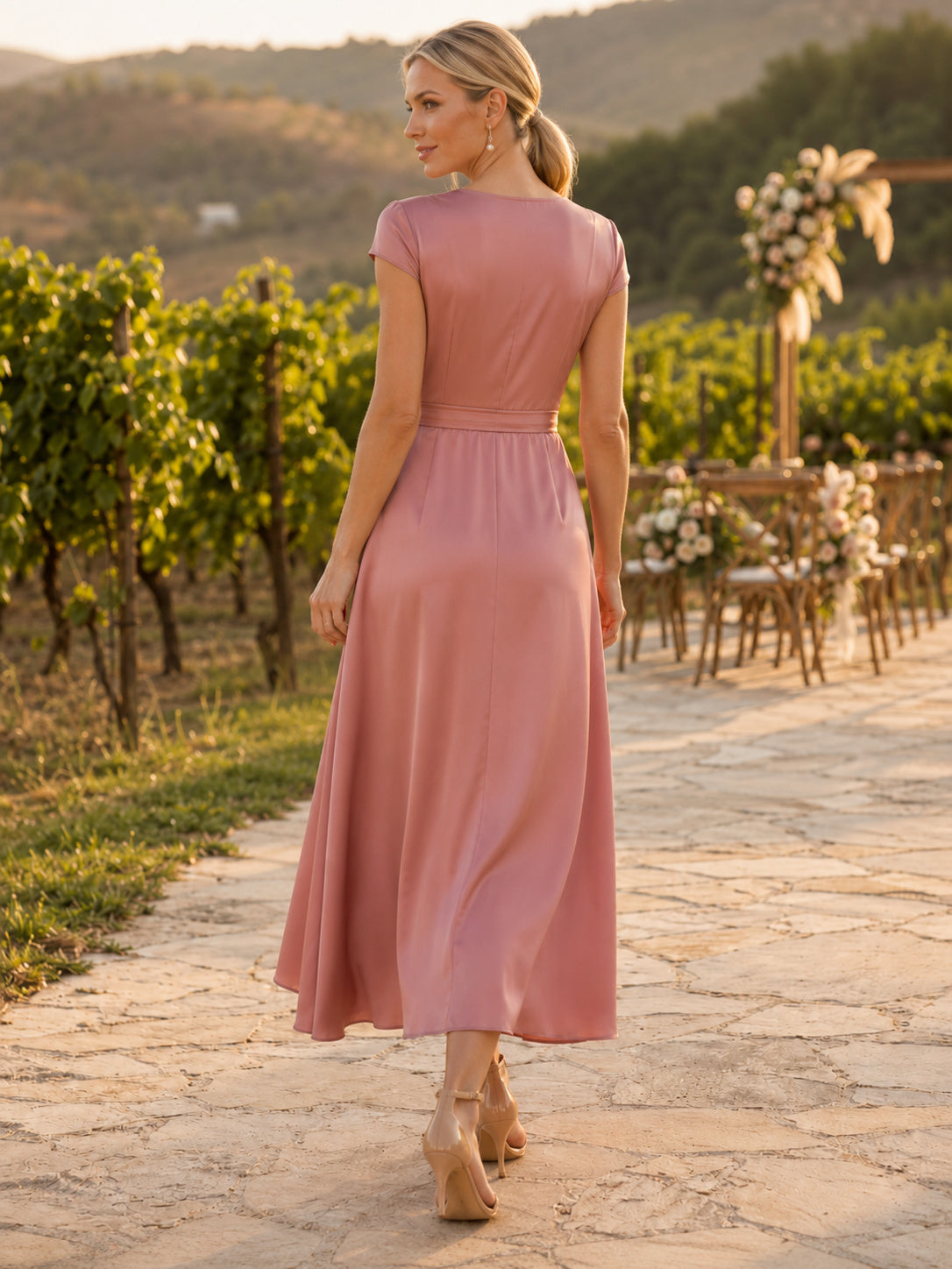 Dusty rose sleeveless satin wrap midi guest dress back view