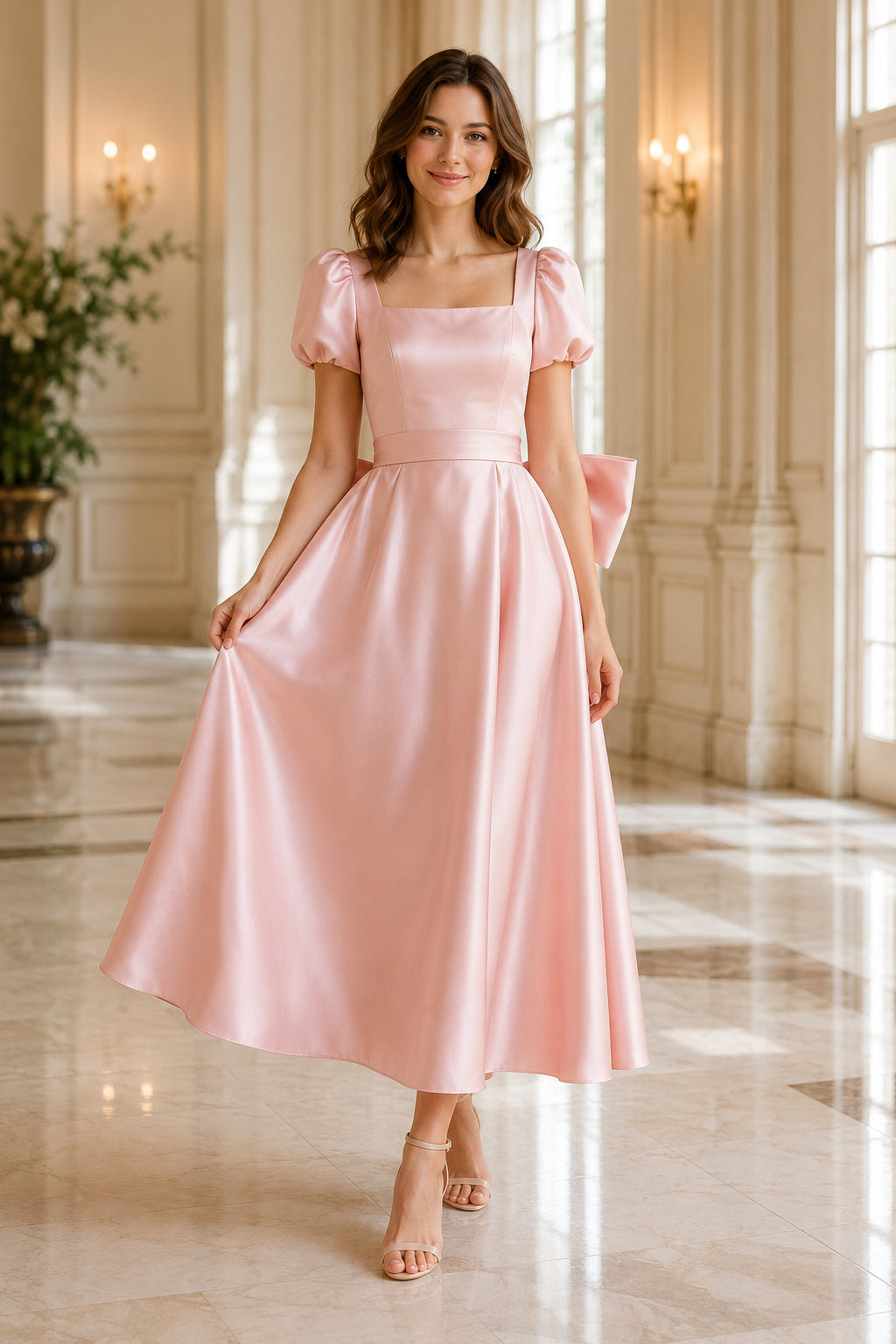 Blushing Pink Puff Sleeve Satin Tea-Length Dress with Square Neck and Bow Back front view
