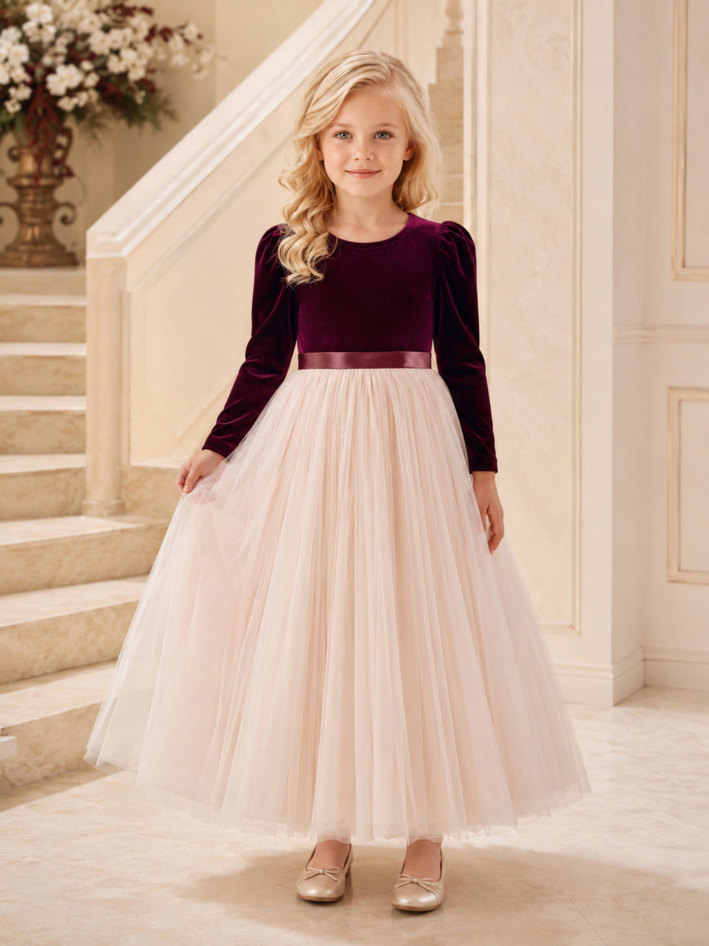 Luxury Floor-Length A-Line Winter Flower Girl Burgundy Velvet Tulle Long Sleeve Jewel Neck Dress front view