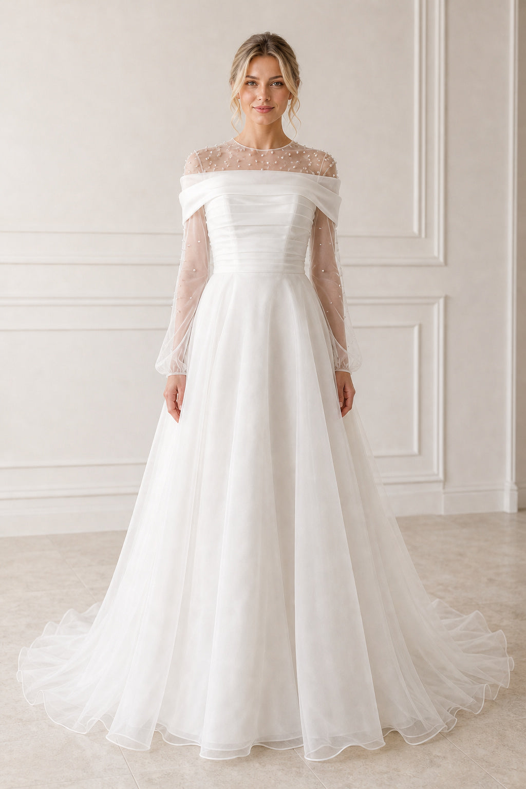 White Illusion Long Sleeves A-Line Crepe Floor-length Wedding Dress With Sweep Train and Open Back Lace Hem Detail
