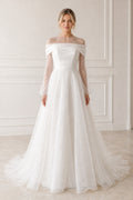 White Illusion Long Sleeves A-Line Crepe Floor-length Wedding Dress With Sweep Train and Open Back Lace Hem Detail
