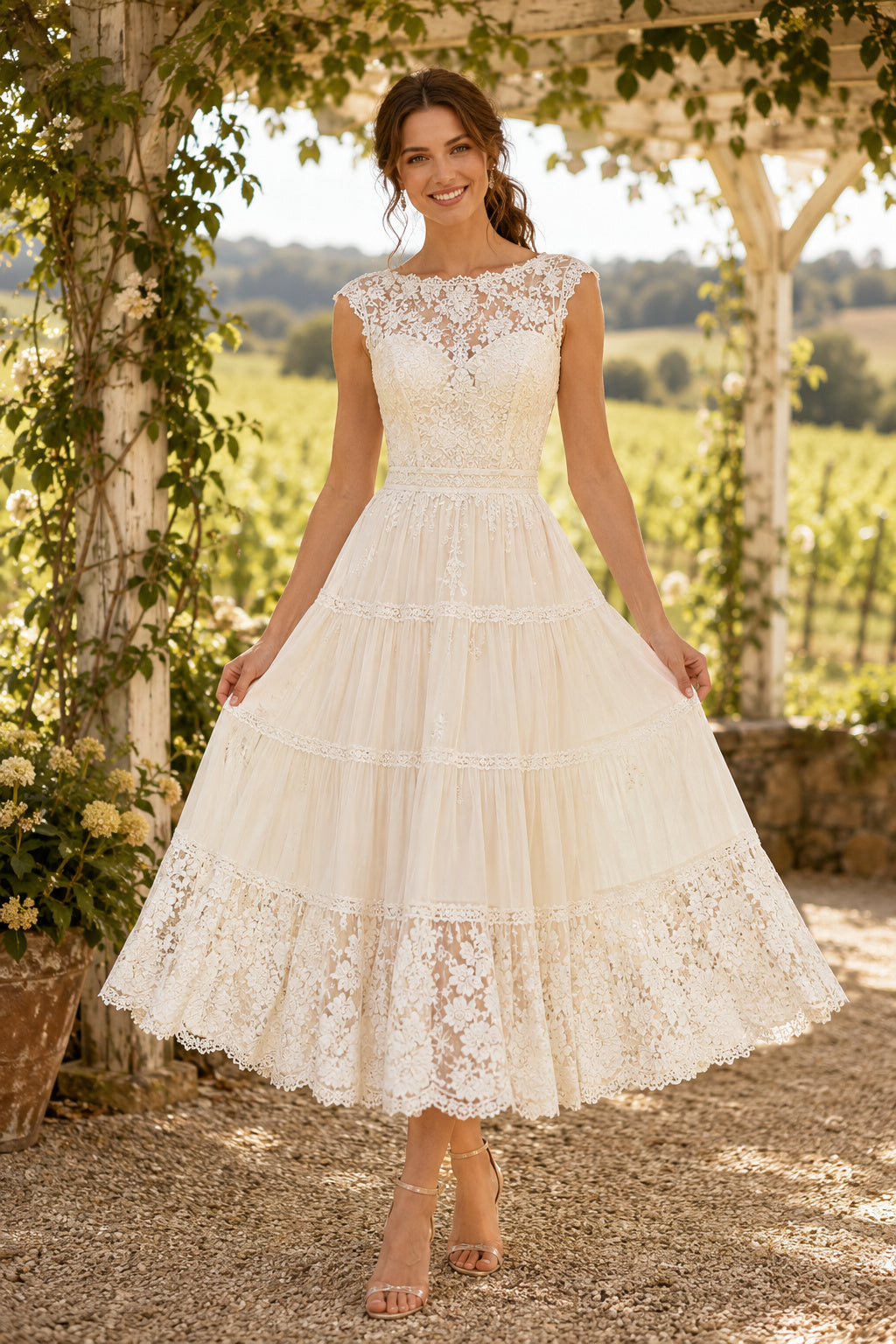 Ivory Bateau Cap Sleeve Lace Tiered Tea Length Wedding Dress for Wedding Ceremony and Reception front view