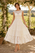 Ivory Bateau Cap Sleeve Lace Tiered Tea Length Wedding Dress for Wedding Ceremony and Reception front view