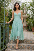 Aqua V-neck Spaghetti Strap A-Line Lace Tea-Length Dress With Open Back