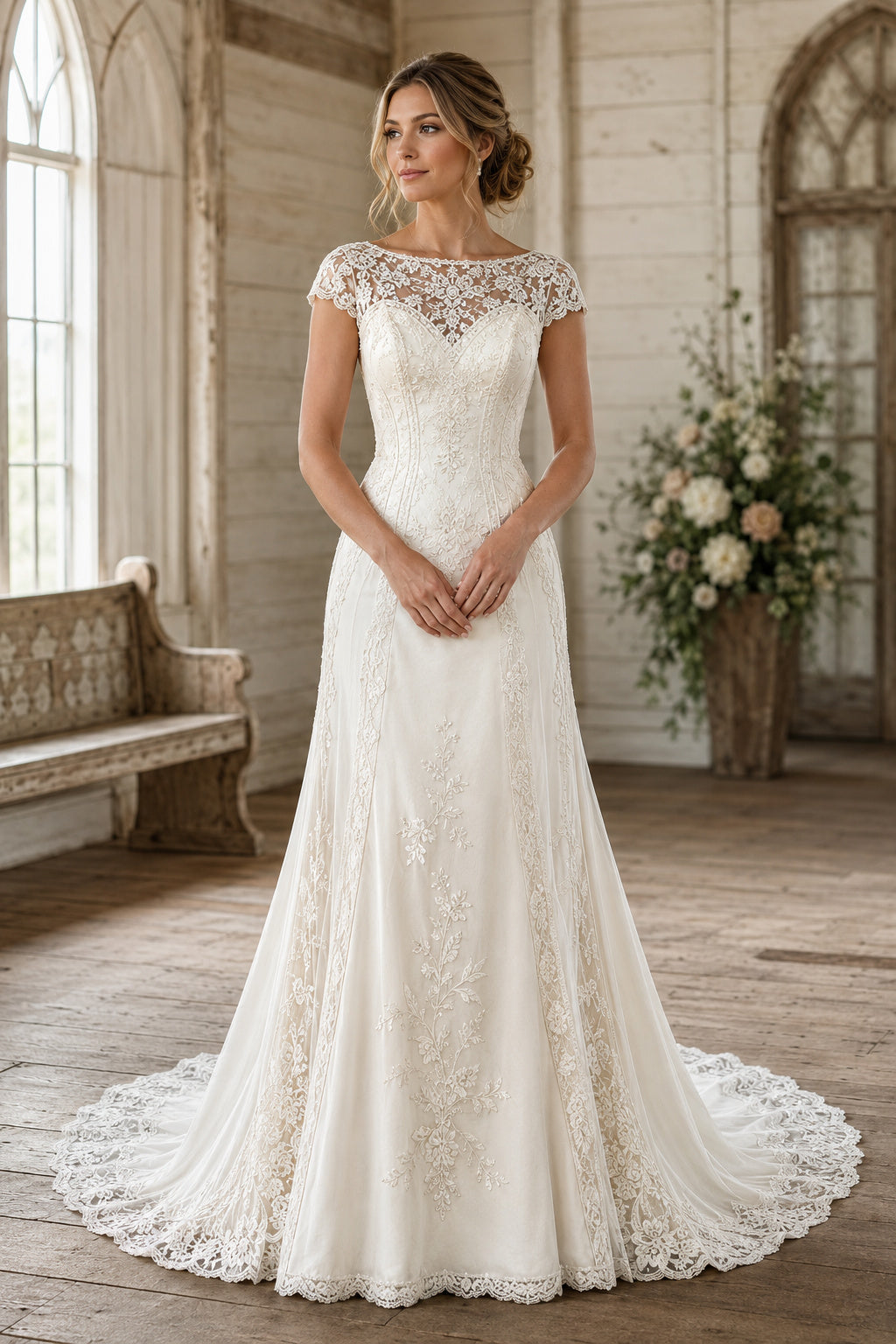 Ivory Cap Sleeve Bateau Lace Sheath Wedding Dress with Illusion Back and Sweep Train front view