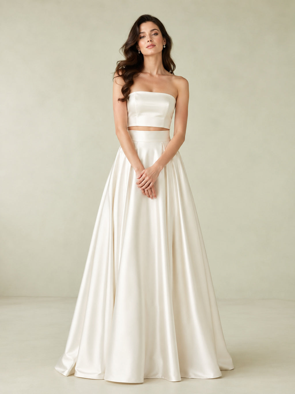 Classic Strapless Satin Crop Top Ballroom Skirt Bridal Set front view