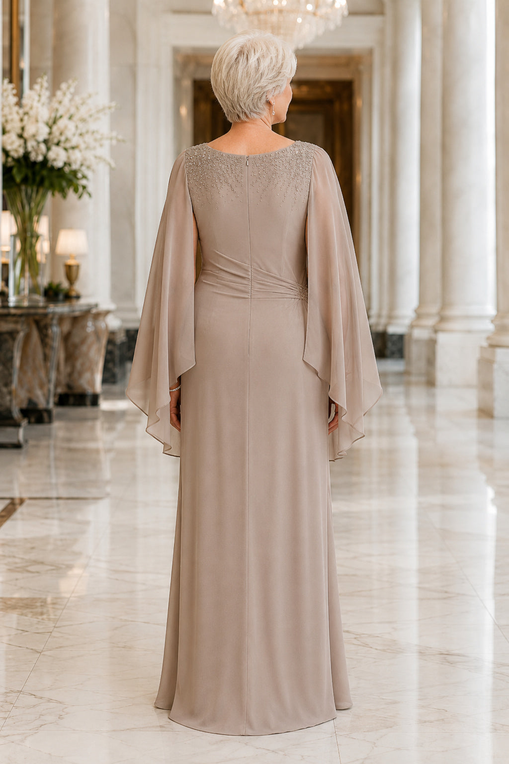 Taupe Bateau Sheath Mother Dress with Sheer Cape Sleeves and Beaded Shoulder Detail back view