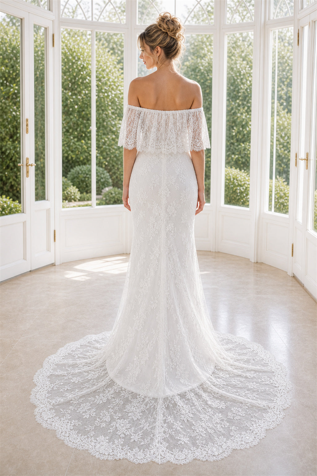 White Off-the-shoulder A-Line Satin Floor-length Wedding Dress With Beaded Waist and Floral Appliques and Open Back
