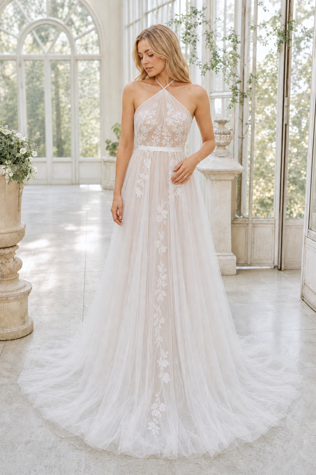 White Off-the-shoulder Mermaid Crepe, Lace Floor-length Wedding Dress With Lace and Beaded Waist and Open Back