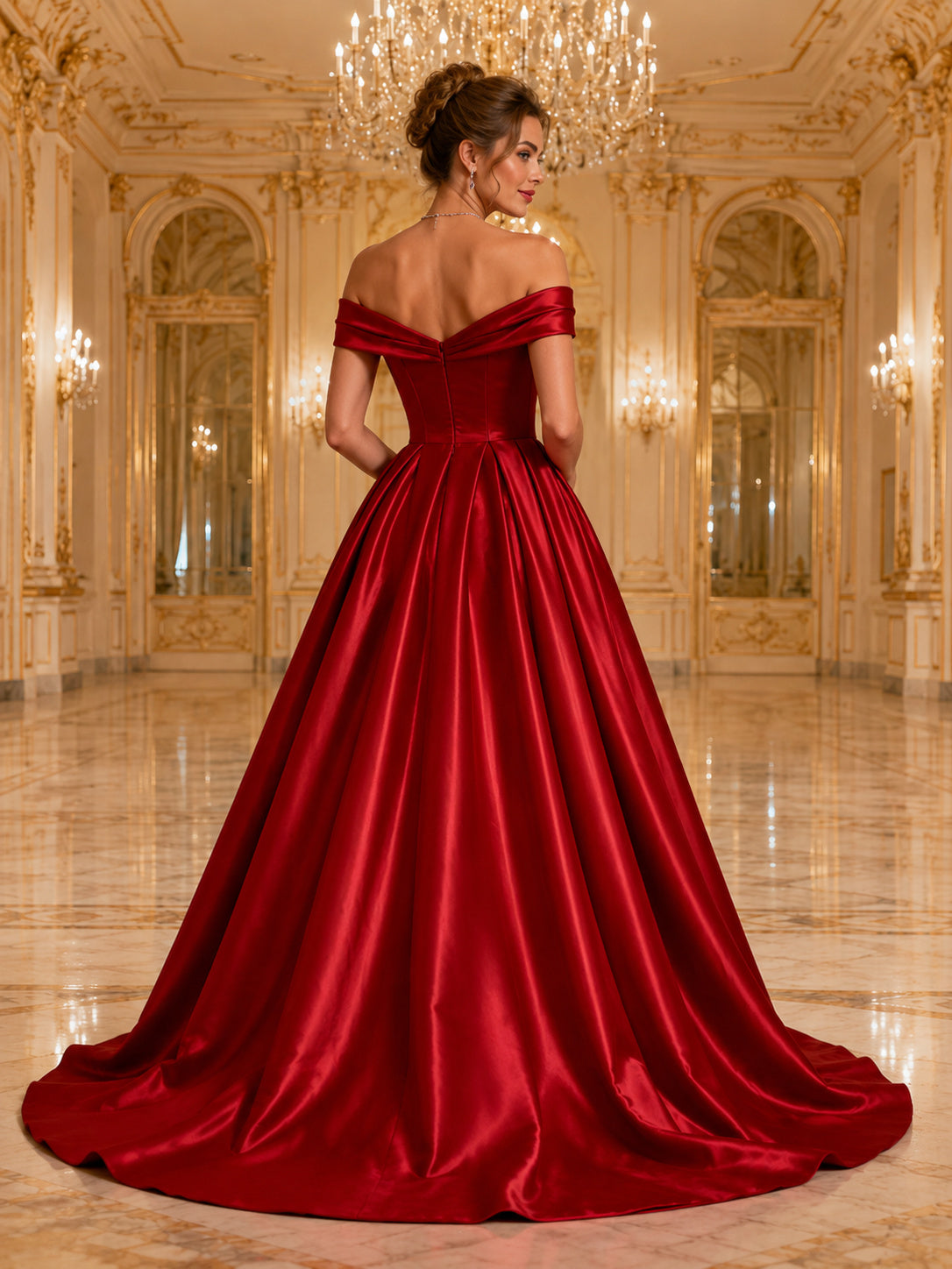 Red Off Shoulder Draped Satin Ball Gown Cathedral Train Opera Evening Dress back view
