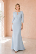 Light Blue Bateau Three-Quarter Sleeve Sheath Crepe Floor-Length Dress With Keyhole Neck