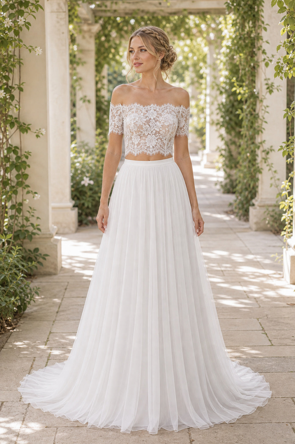 White Bateau Three-Quarter Sleeves A-Line Crepe Floor-length Wedding Dress With Sweep Train and Open Back and Open Back Lace Hem Detail