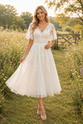 Tea Length V-Neck Wedding Dress with Flutter Lace Sleeves and Soft Tulle Skirt for Garden Reception Party front view