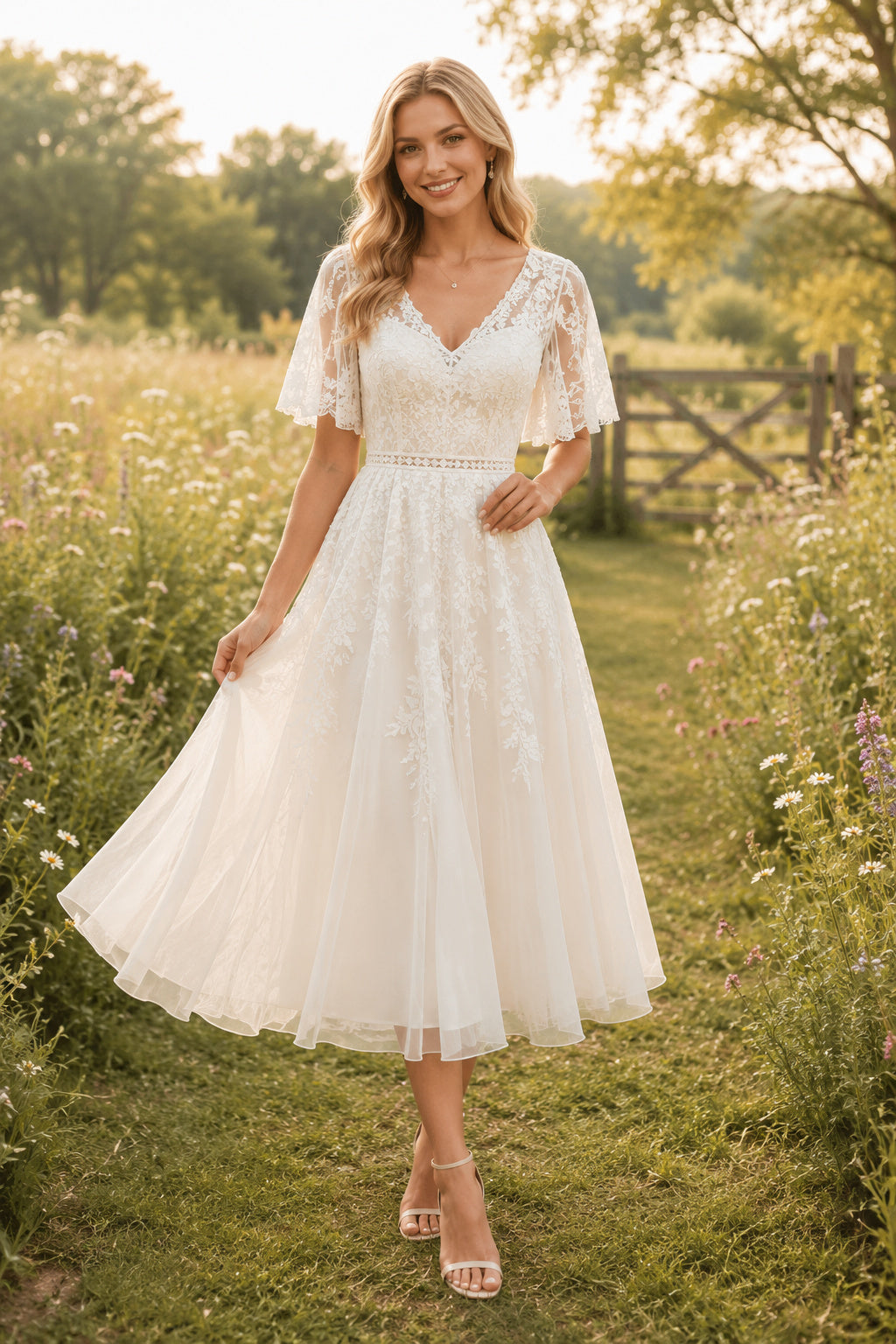 Tea Length V-Neck Wedding Dress with Flutter Lace Sleeves and Soft Tulle Skirt for Garden Reception Party front view