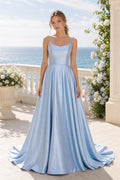 Light Blue Scoop Neck A-Line Satin Floor-Length Dress With Criss-Cross Back
