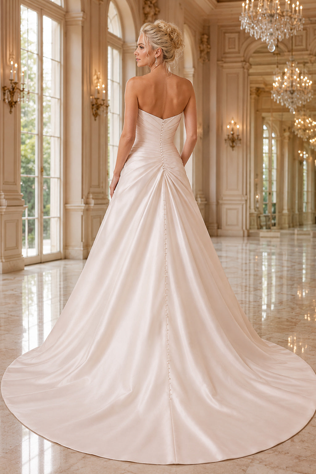 Strapless Satin A-Line Wedding Dress with Side Draping back view