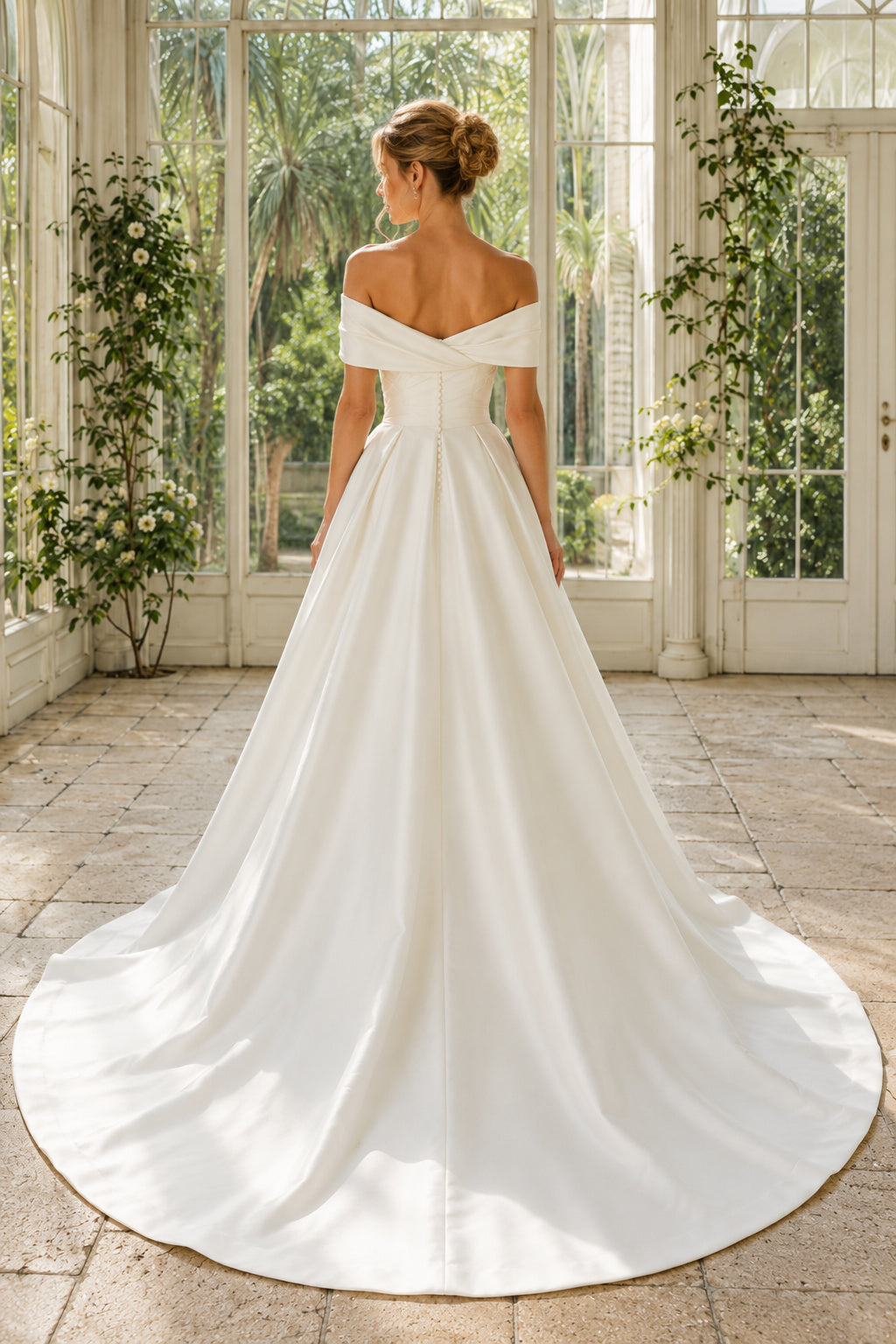 Satin Wedding Dress Ball Gown Off Shoulder Sweep Train Bridal Gown back view