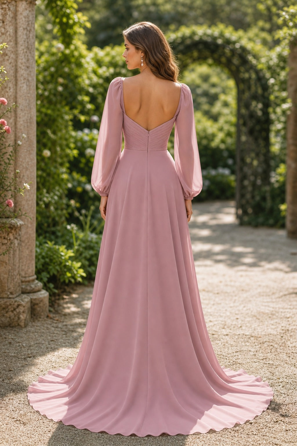 Dusty Rose V-Neck Long Sleeve Chiffon A-Line Dress