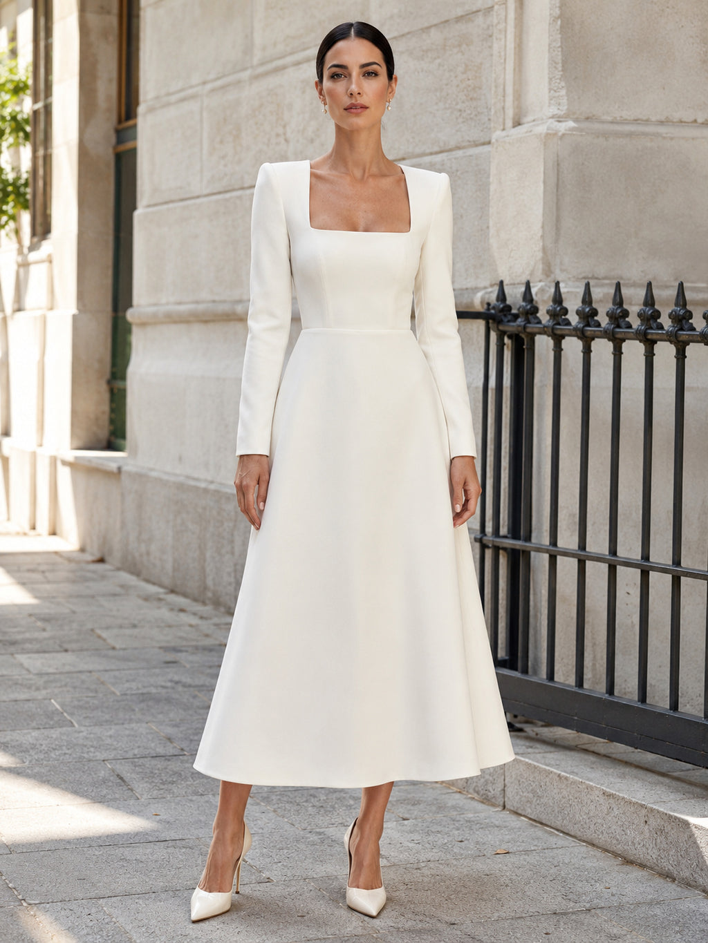 Courthouse Minimalist Square Neck Long Sleeve Midi Wedding Dress front view
