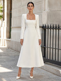 Courthouse Minimalist Square Neck Long Sleeve Midi Wedding Dress front view