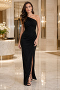 Black One-Shoulder Sheath Evening Dress with Side Slit and Ruching front view