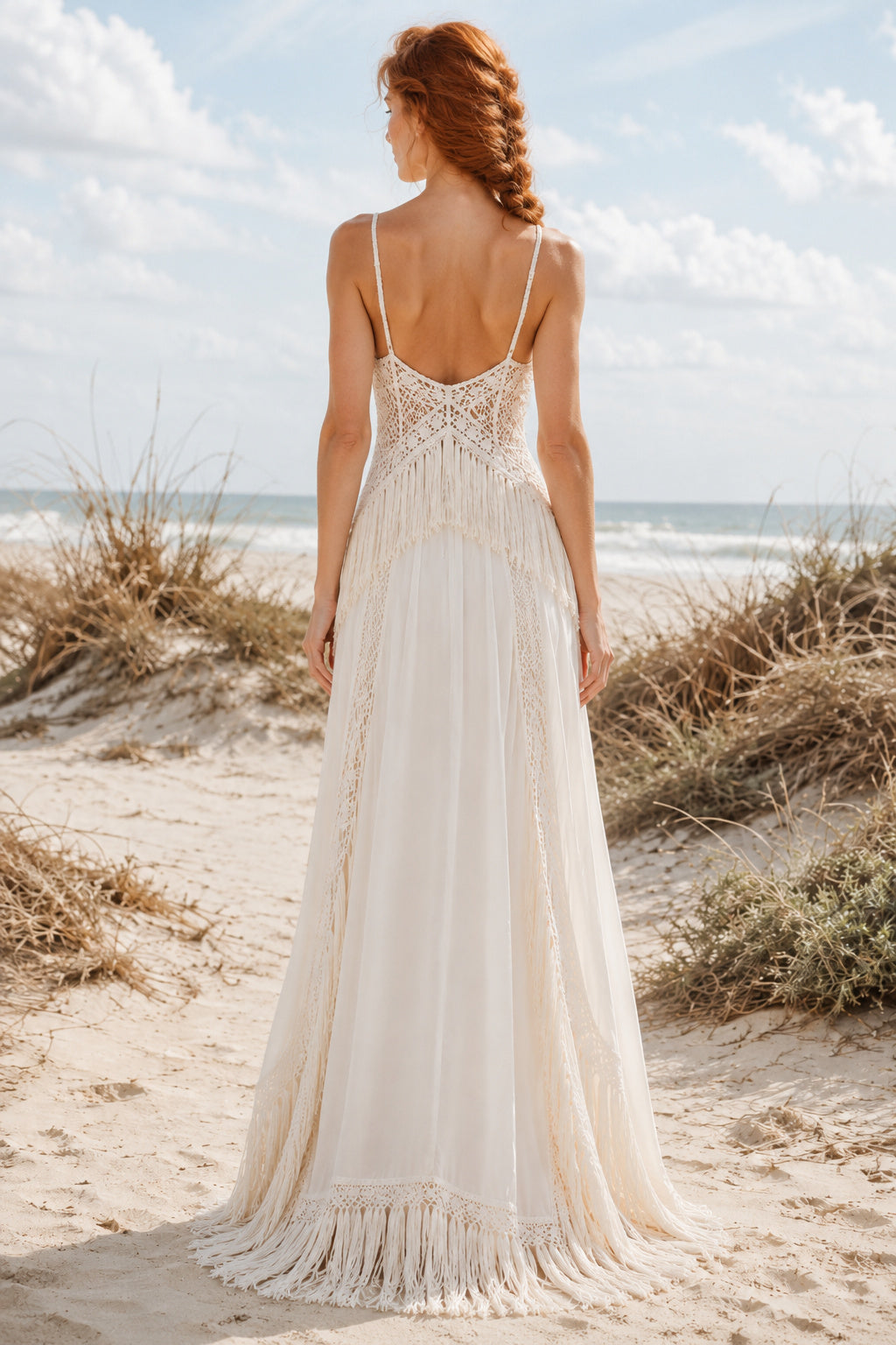 Ivory Spaghetti Strap Boho A-Line Wedding Dress with Lace Bodice and Fringe Trim back view